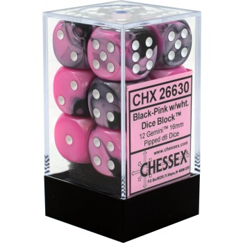 Noppasetti: Chessex Gemini - 16mm D6 Black-Pink/white (12)