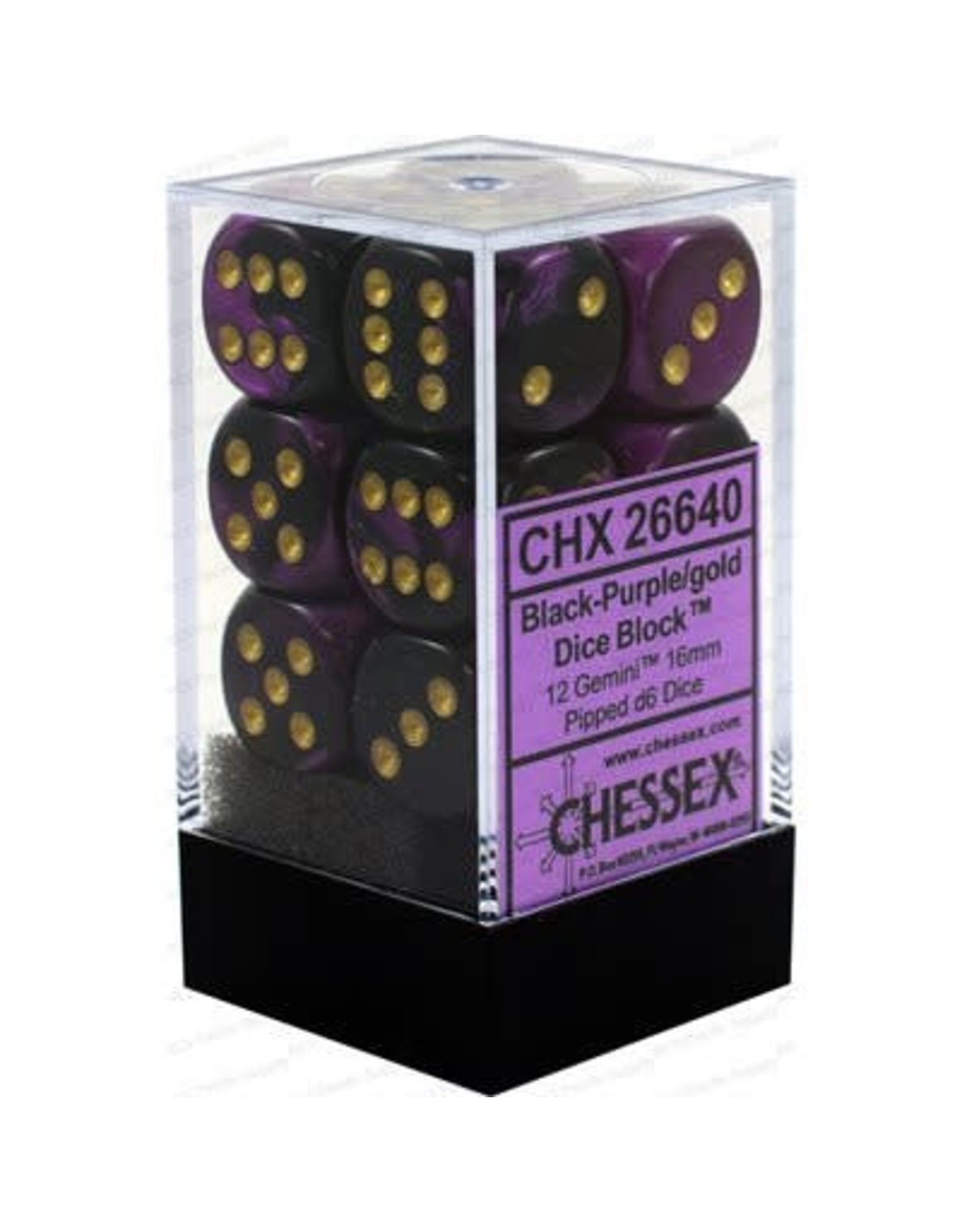 Noppasetti: Chessex Gemini - 16mm D6 Black-Purple/Gold (12)