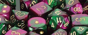 Noppasetti: Chessex Gemini: Polyhedral Green-Purple/Gold (7)