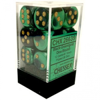 Noppasetti: Chessex Gemini - 16mm D6 Black-green/Gold (12)
